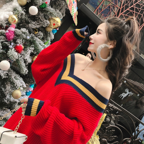 Modern női téli ruha spitz nyakkivágással, piros színben