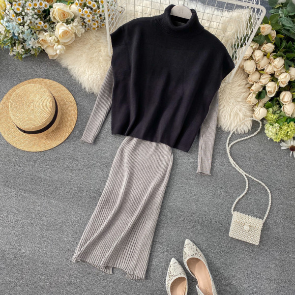Modern női szett, mely egy ruhát és egy pulóvert tartalmaz két színben