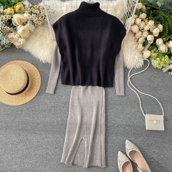 Modern női szett, mely egy ruhát és egy pulóvert tartalmaz két színben