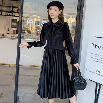 Stílusos női bársony ruha modell fekete és bézs színben