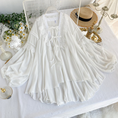 Μοντέρνο γυναικείο πουκάμισο ασύμμετρο σχέδιο με κορδόνια και φαρδιά μανίκια σε τρία χρώματα