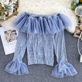 Μοντέρνα γυναικεία μπλούζα με γυμνά ώμους και τούλι σε τέσσερα χρώματα