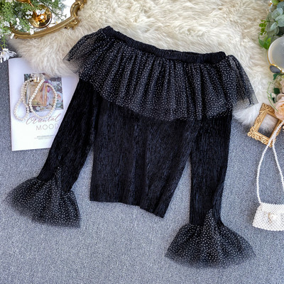 Μοντέρνα γυναικεία μπλούζα με γυμνά ώμους και τούλι σε τέσσερα χρώματα