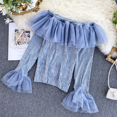 Μοντέρνα γυναικεία μπλούζα με γυμνά ώμους και τούλι σε τέσσερα χρώματα