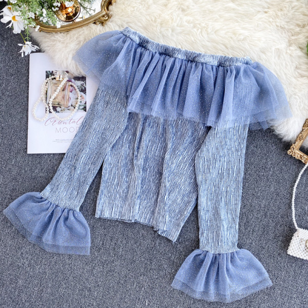 Μοντέρνα γυναικεία μπλούζα με γυμνά ώμους και τούλι σε τέσσερα χρώματα