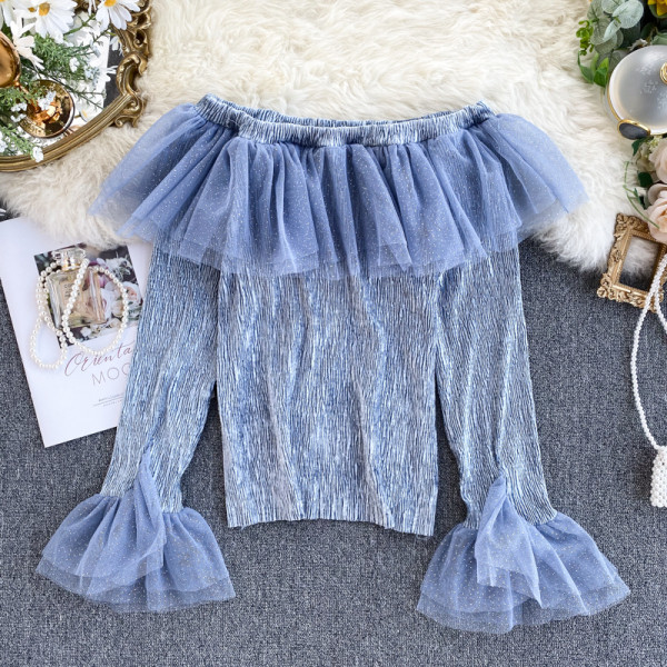 Μοντέρνα γυναικεία μπλούζα με γυμνά ώμους και τούλι σε τέσσερα χρώματα