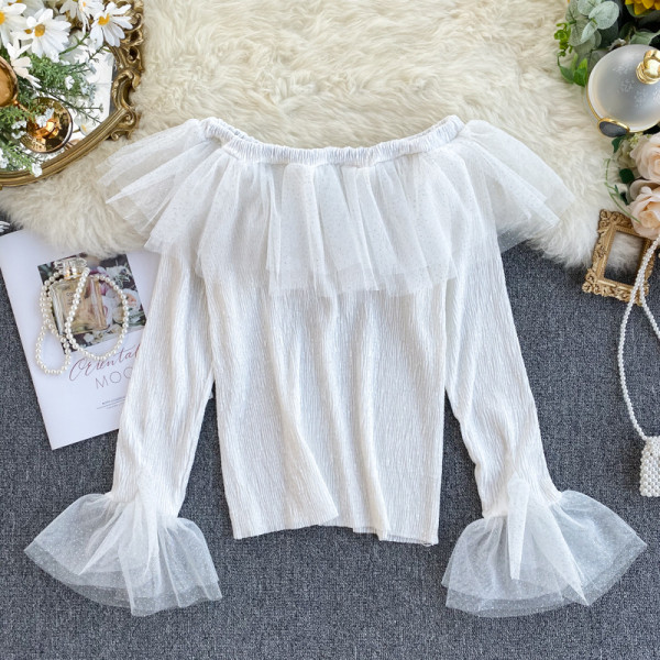 Μοντέρνα γυναικεία μπλούζα με γυμνά ώμους και τούλι σε τέσσερα χρώματα