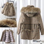 Női alkalmi kockás téli kabát kapucnival és barna pehelyszínnel