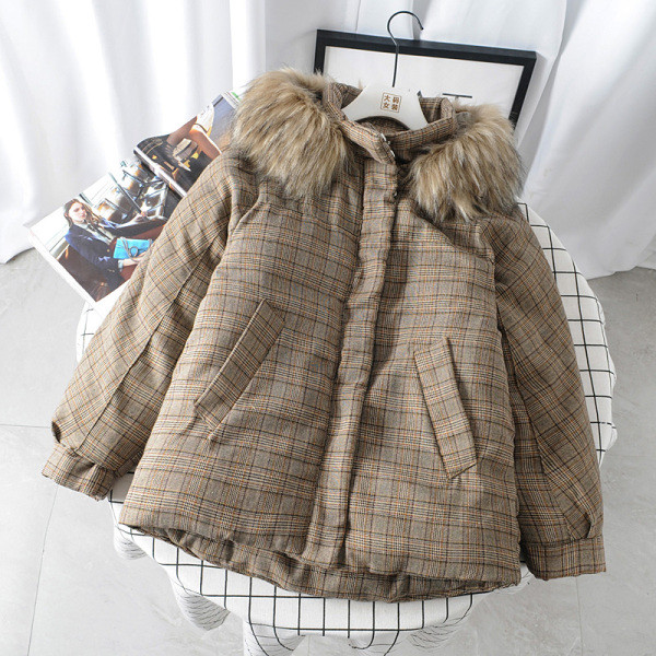 Női alkalmi kockás téli kabát kapucnival és barna pehelyszínnel