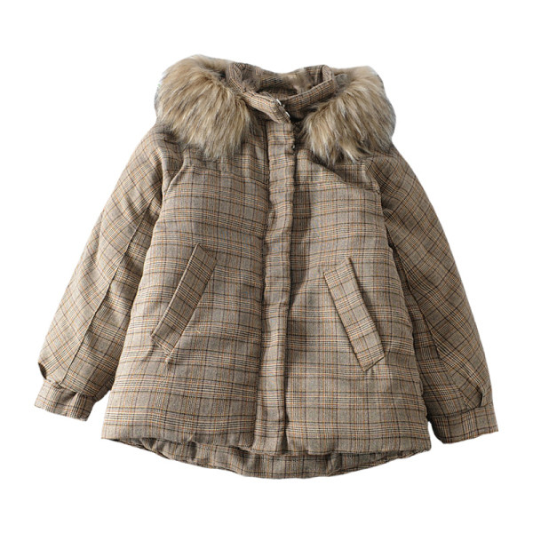 Női alkalmi kockás téli kabát kapucnival és barna pehelyszínnel