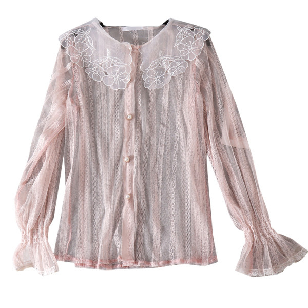 Modern női ing gombokkal és csipkével bézs, rózsaszín és fehér