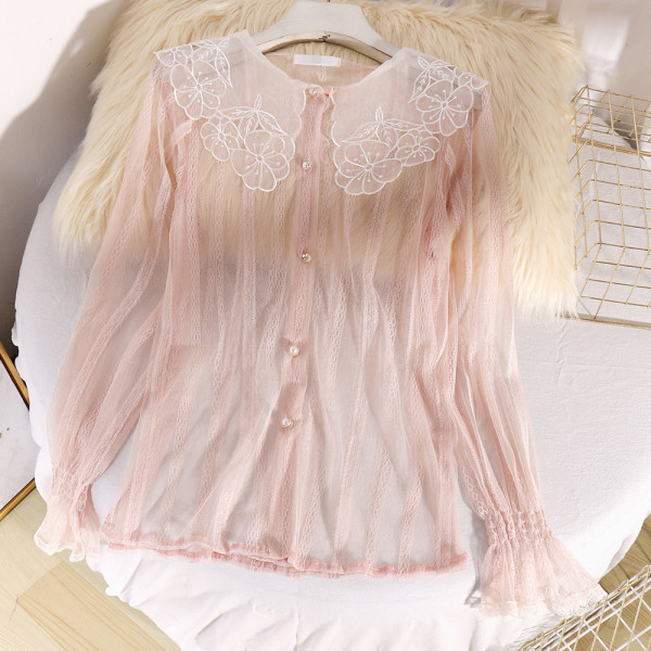 Modern női ing gombokkal és csipkével bézs, rózsaszín és fehér