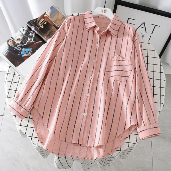 Alkalmi női csíkos ing klasszikus gallérral és zsebbel rózsaszín és kék színben