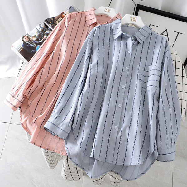 Alkalmi női csíkos ing klasszikus gallérral és zsebbel rózsaszín és kék színben