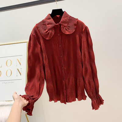 Μοντέρνο γυναικείο πλισέ πουκάμισο με κλασικό γιακά σε τρία χρώματα