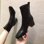 Eko bőrből készült alkalmi női csizma barna és fekete színben, vastag sarokkal