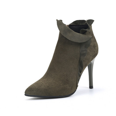 Μοντέρνες γυναικείες μπότες σε οικολογικό σουέτ με φερμουάρ και λεπτό τακούνι σε κόκκινο, πράσινο και μαύρο χρώμα