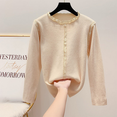 Μοντέρνα γυναικεία μπλούζα με δαντέλα και οβάλ λαιμόκοψη σε τέσσερα χρώματα