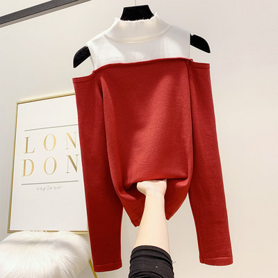 Modern női pulóver csupasz váll és pólógallérral