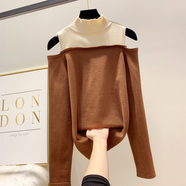 Modern női pulóver csupasz váll és pólógallérral