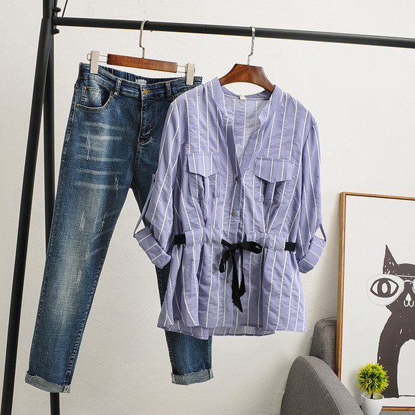 Cămașă casual de damă cu buzunare și cravate în albastru