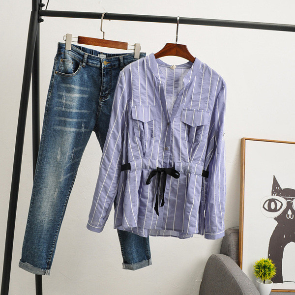 Cămașă casual de damă cu buzunare și cravate în albastru