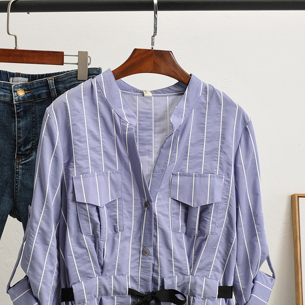 Cămașă casual de damă cu buzunare și cravate în albastru