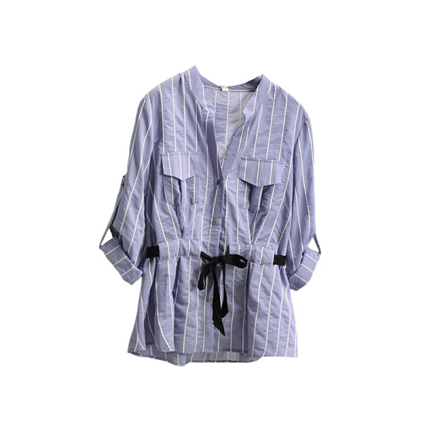 Cămașă casual de damă cu buzunare și cravate în albastru