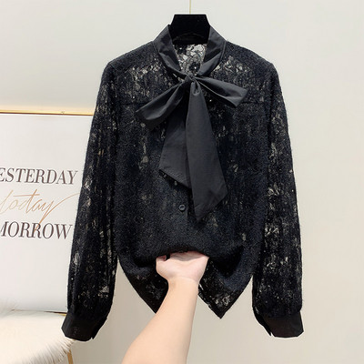 Κομψό γυναικείο δαντελένιο πουκάμισο με κορδέλα σε τρία χρώματα