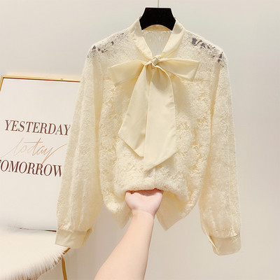 Κομψό γυναικείο δαντελένιο πουκάμισο με κορδέλα σε τρία χρώματα