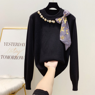 Κομψό γυναικείο πουλόβερ με κορδέλα και πέρλες σε τέσσερα χρώματα