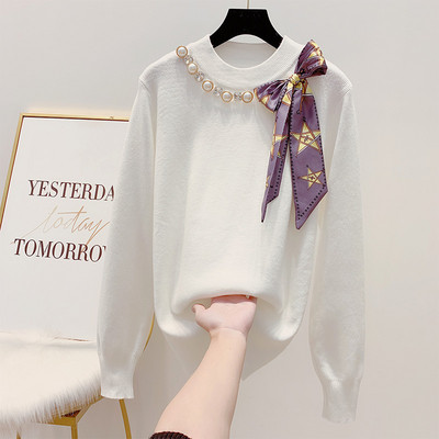 Κομψό γυναικείο πουλόβερ με κορδέλα και πέρλες σε τέσσερα χρώματα