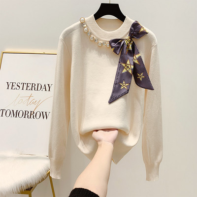 Κομψό γυναικείο πουλόβερ με κορδέλα και πέρλες σε τέσσερα χρώματα