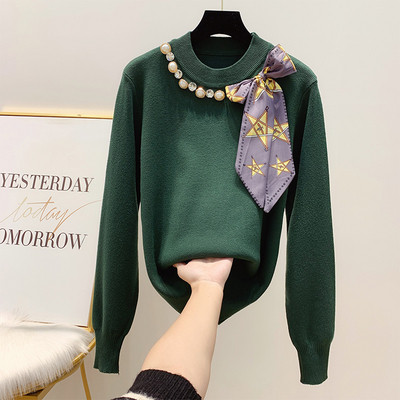 Κομψό γυναικείο πουλόβερ με κορδέλα και πέρλες σε τέσσερα χρώματα