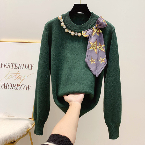 Κομψό γυναικείο πουλόβερ με κορδέλα και πέρλες σε τέσσερα χρώματα