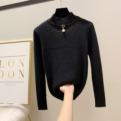 Modern női pulóver alacsony gallérral és gyöngyökkel, négy színben