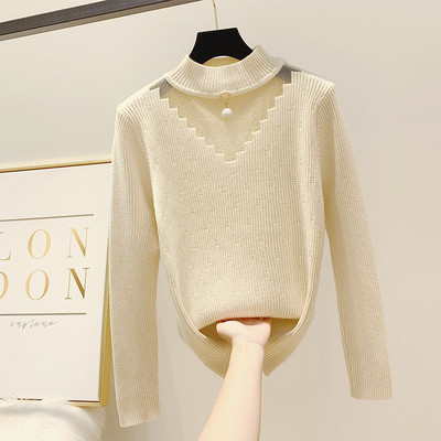 Modern női pulóver alacsony gallérral és gyöngyökkel, négy színben