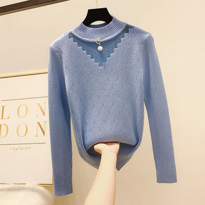 Modern női pulóver alacsony gallérral és gyöngyökkel, négy színben