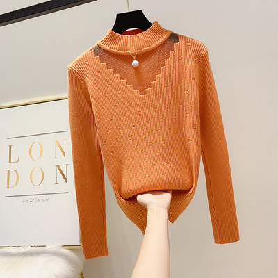 Modern női pulóver alacsony gallérral és gyöngyökkel, négy színben