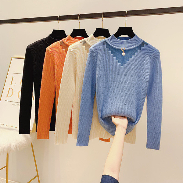 Modern női pulóver alacsony gallérral és gyöngyökkel, négy színben