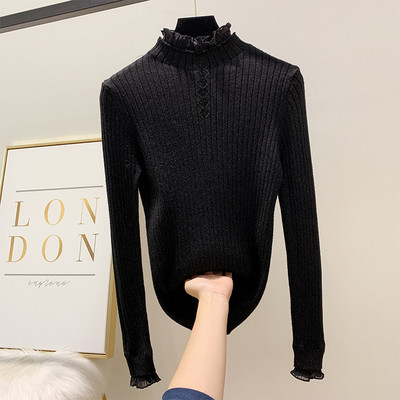 Modern női pulóver pólógallérral, négy színben és tüllből