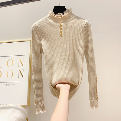 Modern női pulóver pólógallérral, négy színben és tüllből