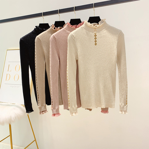 Modern női pulóver pólógallérral, négy színben és tüllből