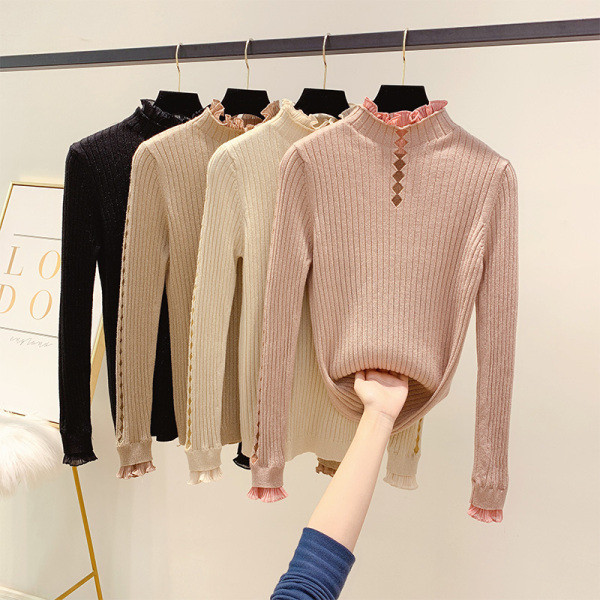 Modern női pulóver pólógallérral, négy színben és tüllből