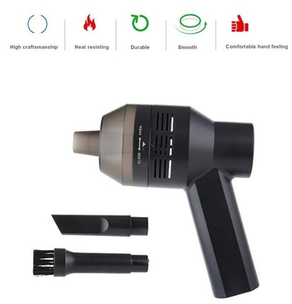 Малък ръчен вакуум уред за почистване на прах с две приставки в черен цвят 