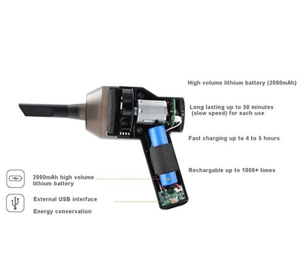 Малък ръчен вакуум уред за почистване на прах с две приставки в черен цвят 