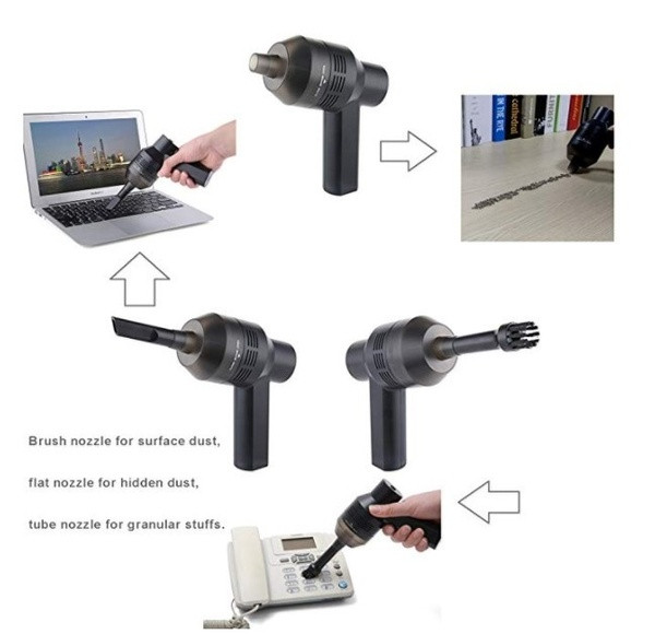 Малък ръчен вакуум уред за почистване на прах с две приставки в черен цвят 