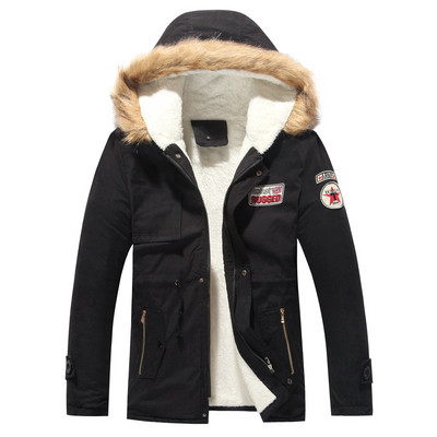 Alkalmi férfi téli kabát puha szegéllyel és kapucnival, három színben