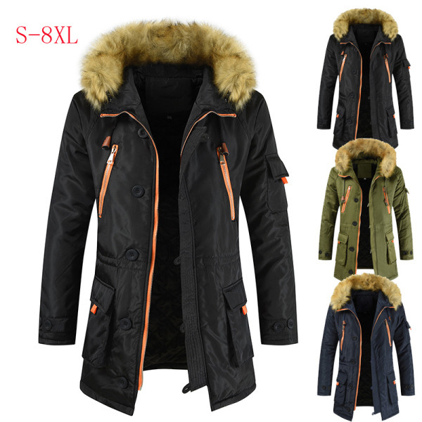 Nappali férfi téli kabát kapucnival és pehellyel fekete, kék és zöld színben