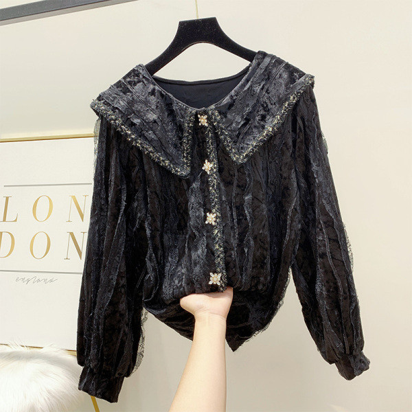 Cămașă elegantă de damă din catifea și dantelă cu pietre în trei culori